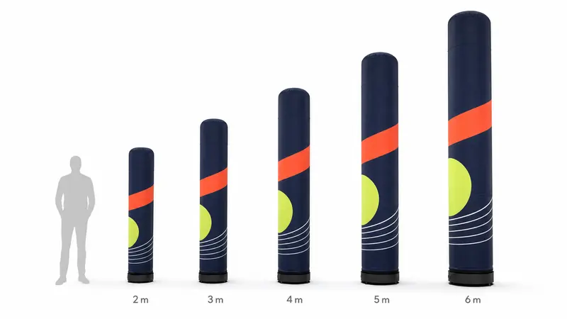 Totems gonflables de 2 à 6 mètres comparés à une silhouette humaine